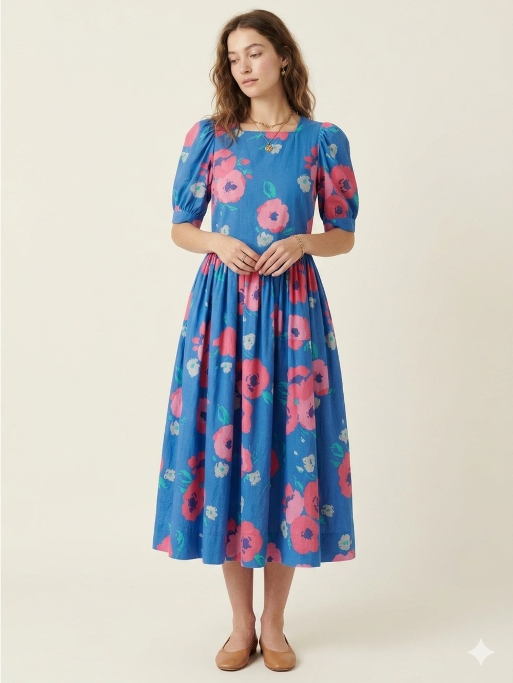 Vintage Laura Ashley Puff Sleeve Midi Dress Floral Cotton Pink Blue Size Small